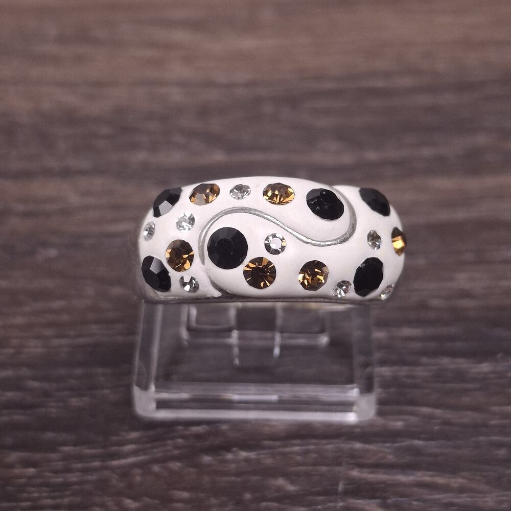 925 Sterling Silver White Enamel Dome Ring Black Amber Clear Crystal Size 7